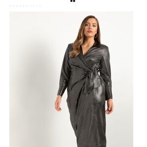 Eloquii Black and Silver Polka Dot Midi Dress